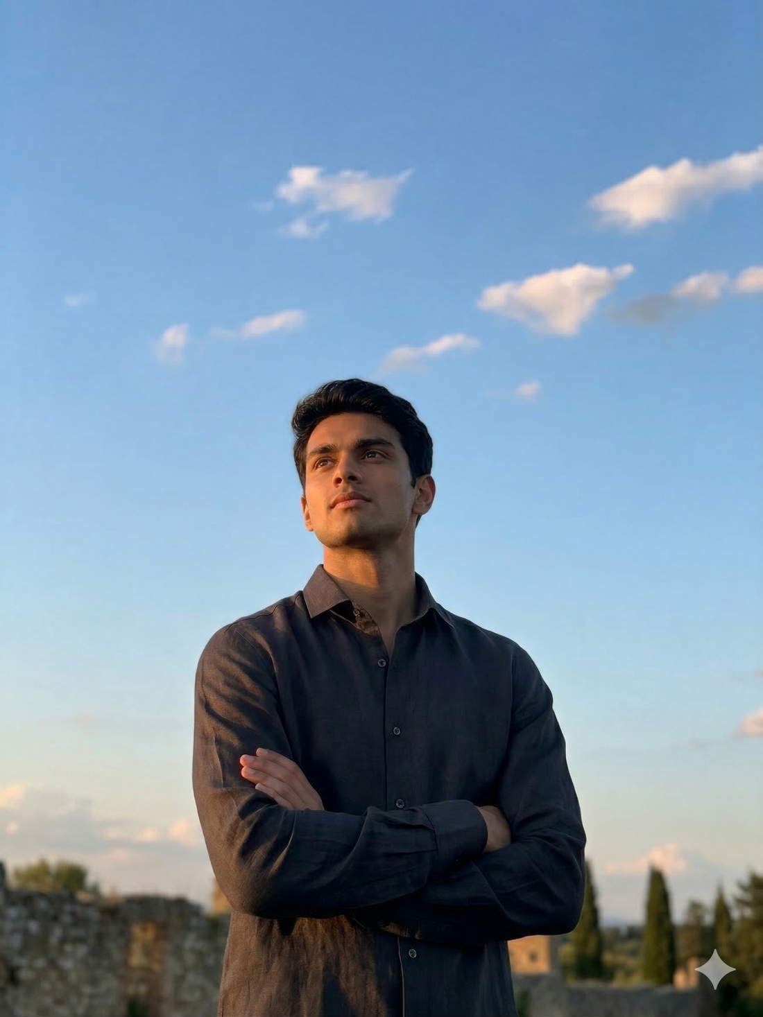 indian man looking at the horizon at sunset wearing tyra linen 100% linen umber linen shirt