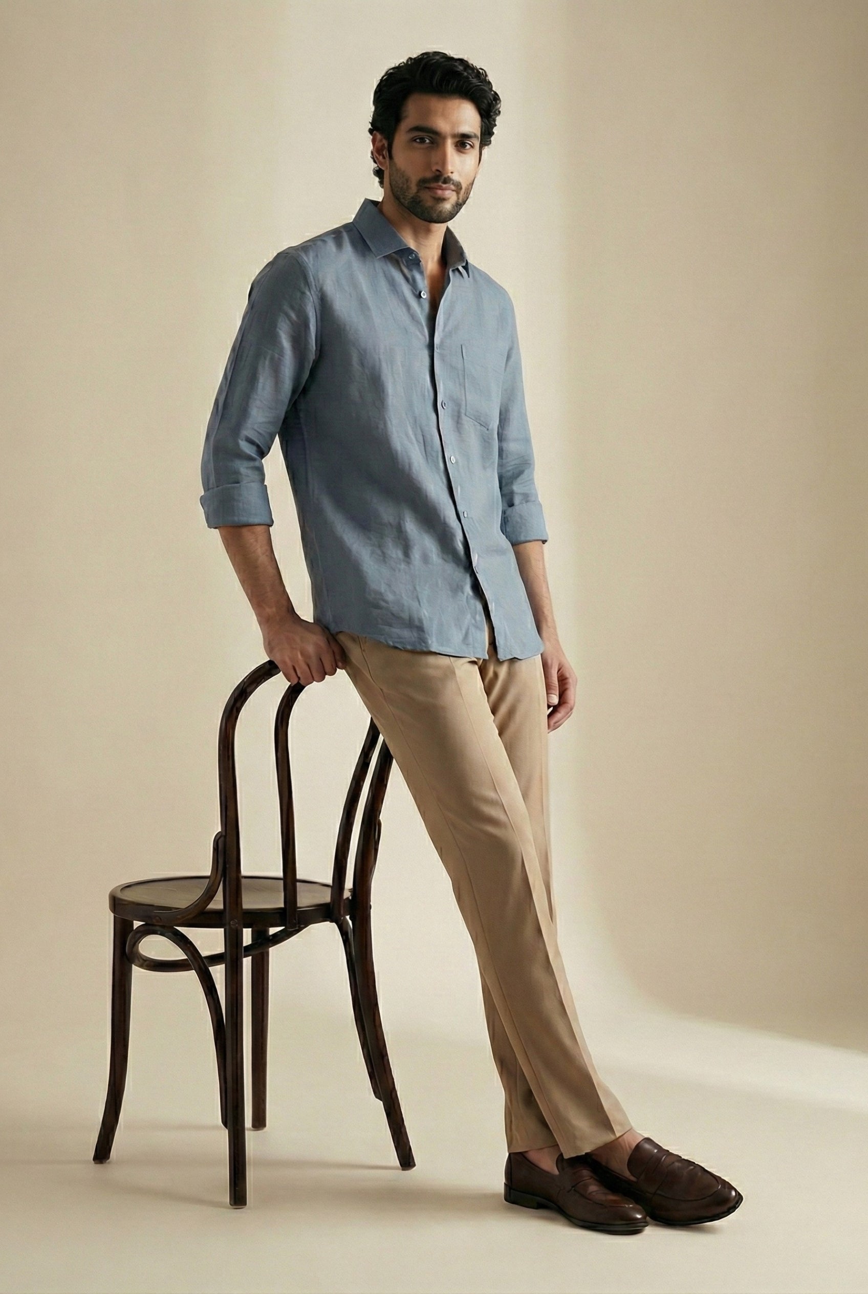 Men’s premium steel blue linen shirt with a modern tailored silhouette, styled for smart work-casual wear, emphasizing breathable fabric and polished minimal design.