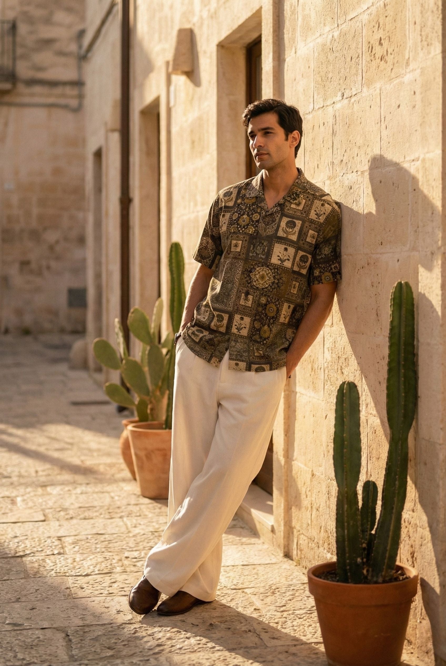 Man leaning against a sunlit stone wall wearing a premium printed short-sleeve shirt with a clean, modern fit, paired with off-white trousers for refined resort-inspired summer styling.