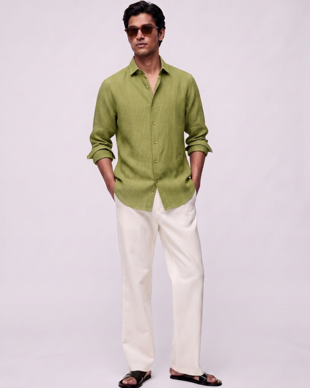 Olive Thread Striped Linen Shirt