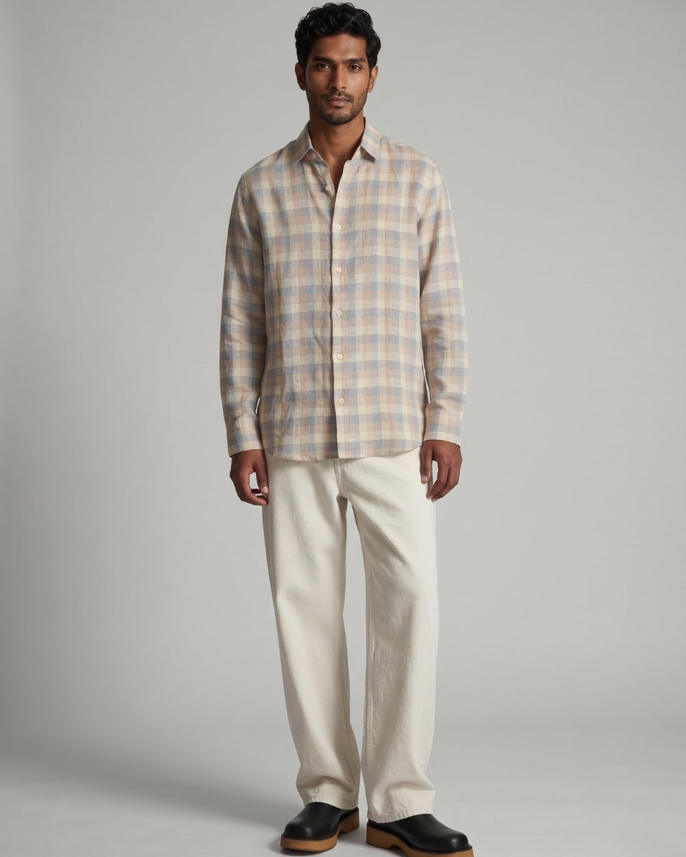 Earthy Mist Grid Linen Shirt