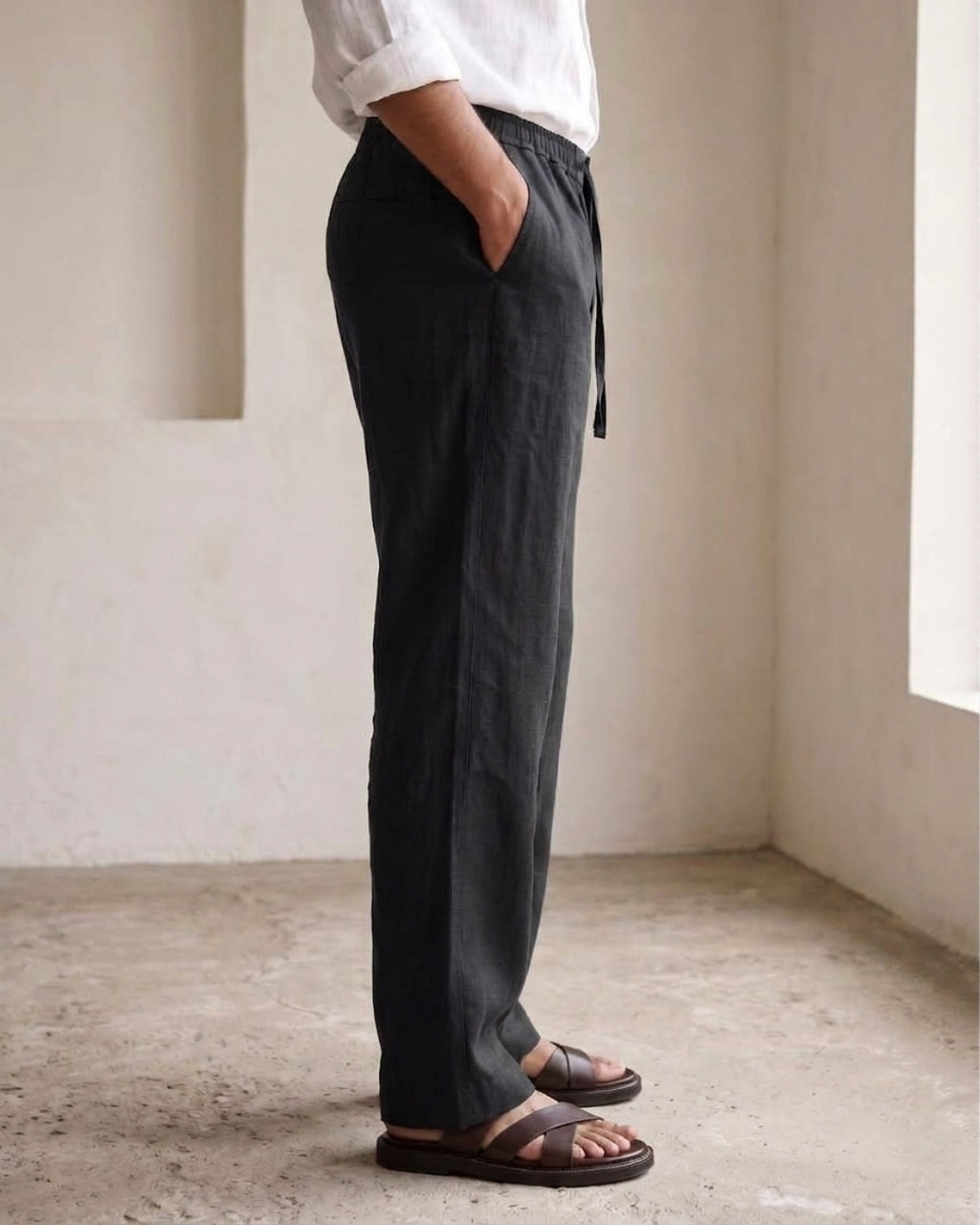 Coal Black Casual Linen Pants