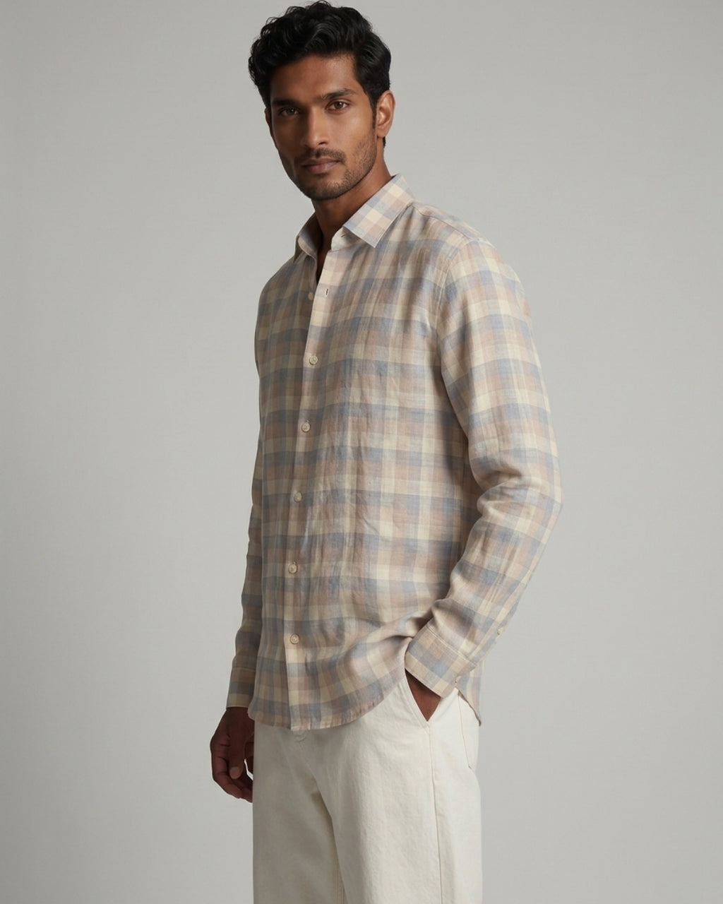 Earthy Mist Grid Linen Shirt