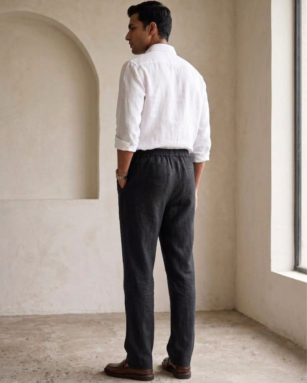 Coal Black Casual Linen Pants