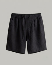  Black linen shorts with an elasticated waistband, adjustable drawstring, side pockets, and a relaxed straight fit.
