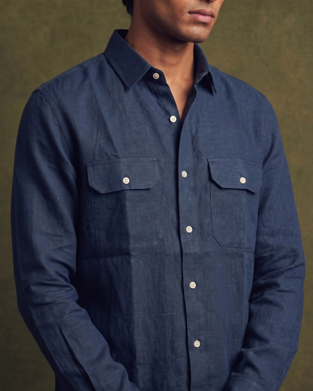 Deep Blue Double Pocketed Linen Shirt