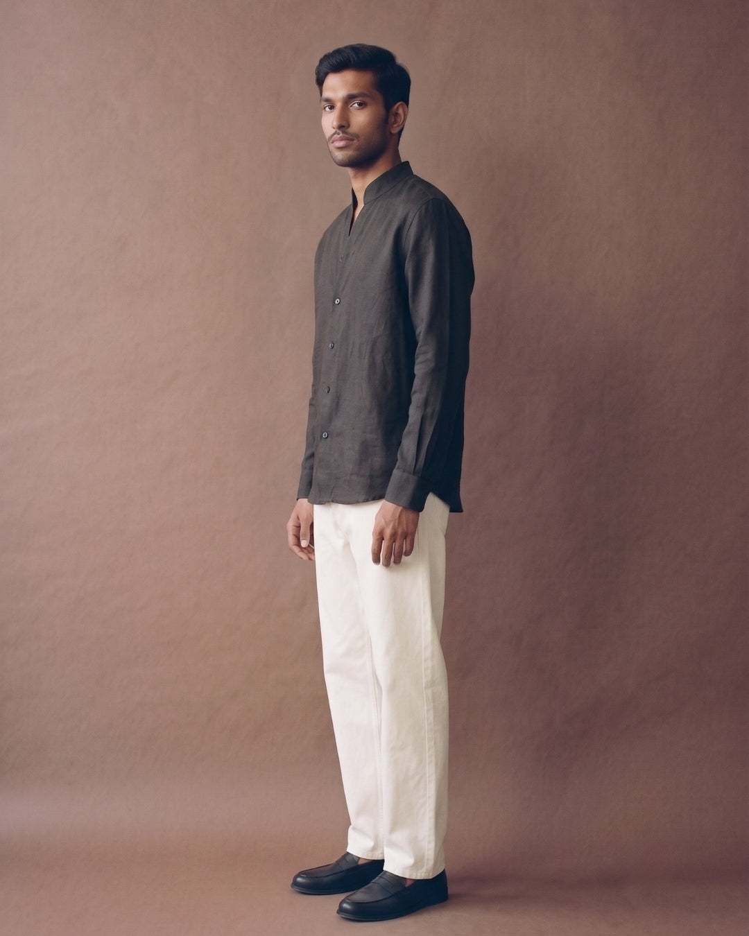 Coal Chinese Collar Linen Shirt