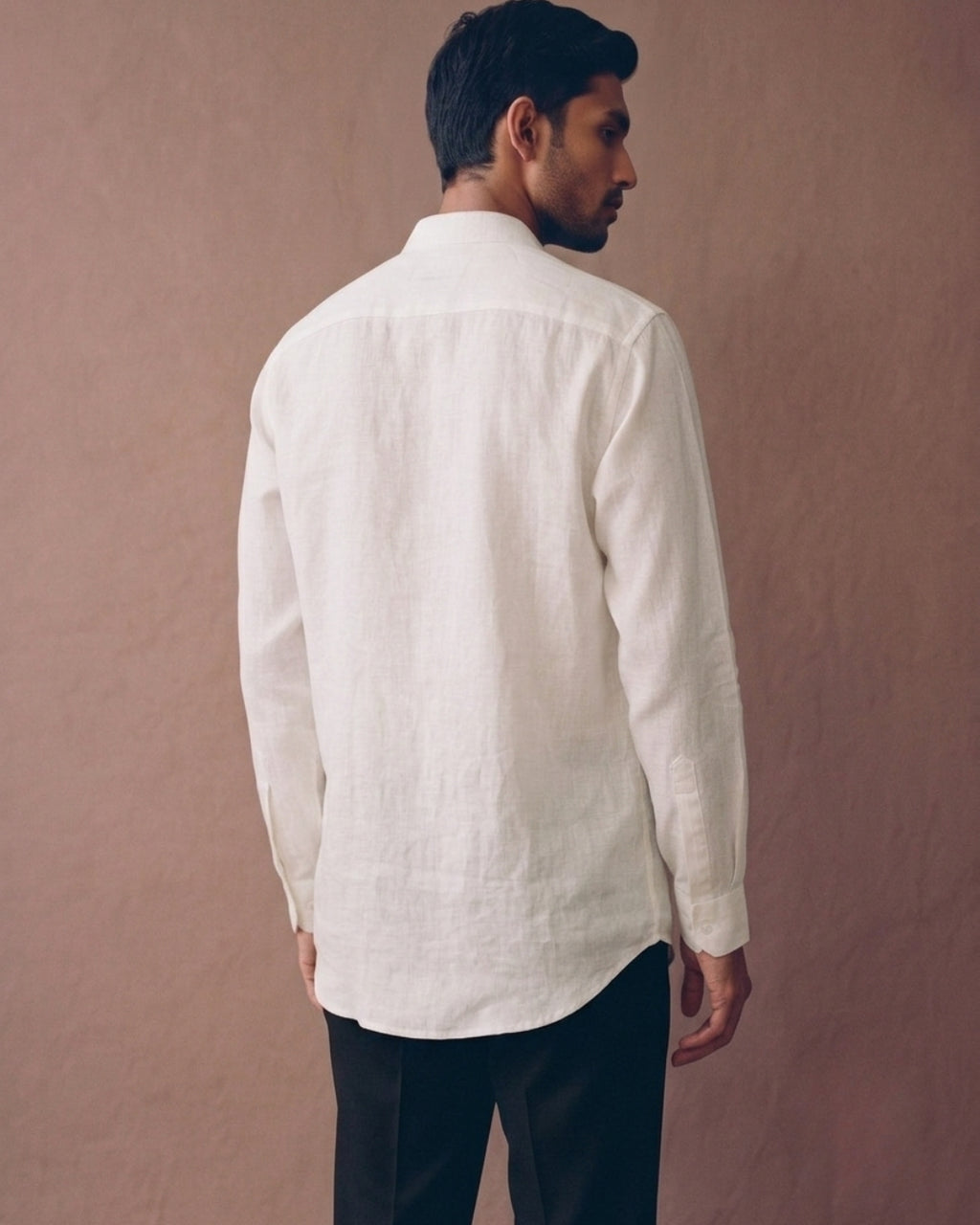 White Chinese Collar Linen Shirt