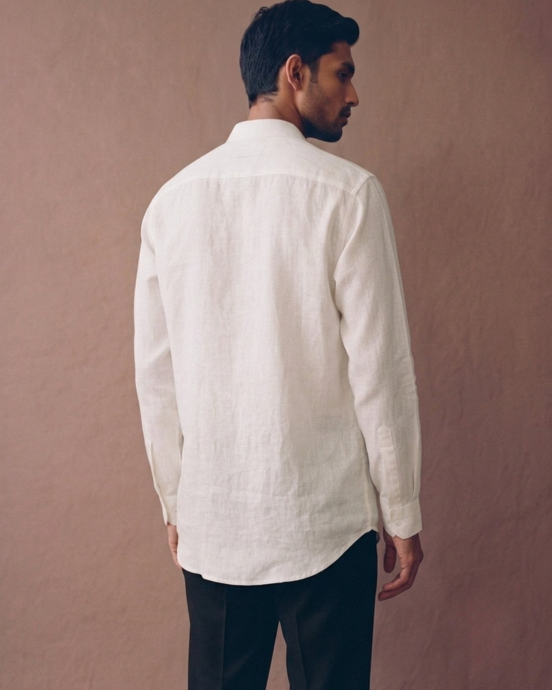 White Chinese Collar Linen Shirt