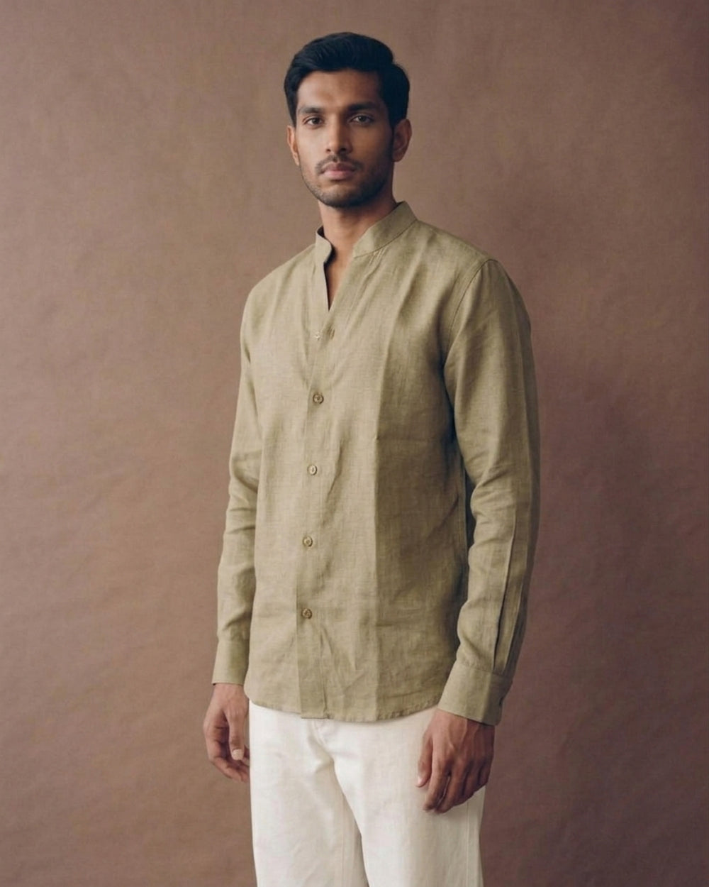 Sand Beige Chinese Collar Linen Shirt