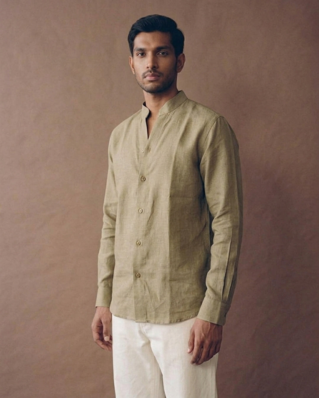 Sand Beige Chinese Collar Linen Shirt