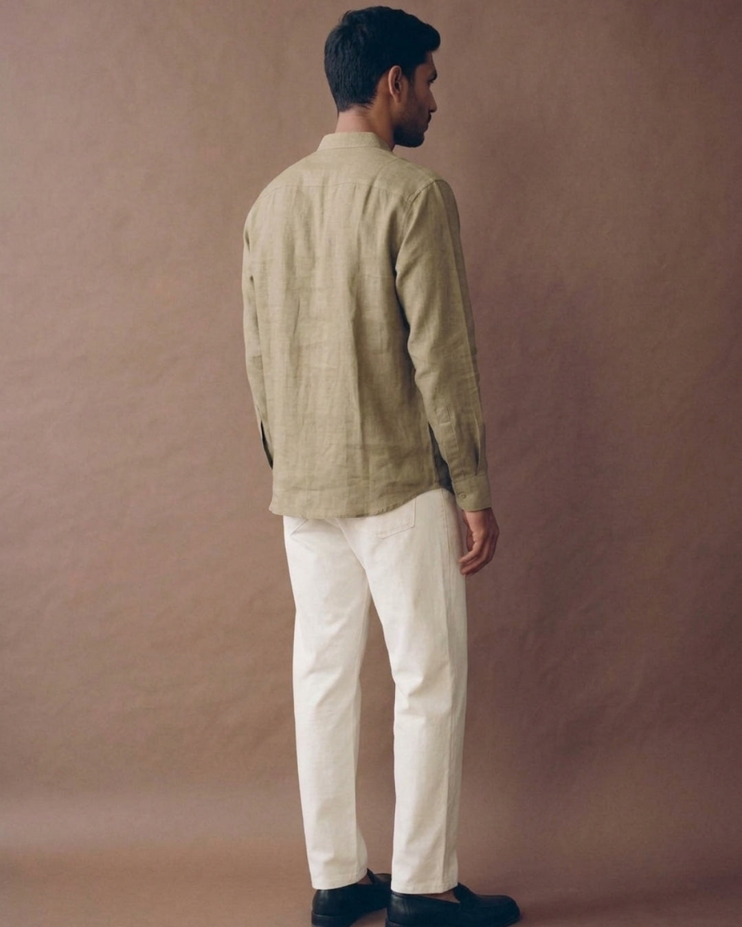 Sand Beige Chinese Collar Linen Shirt