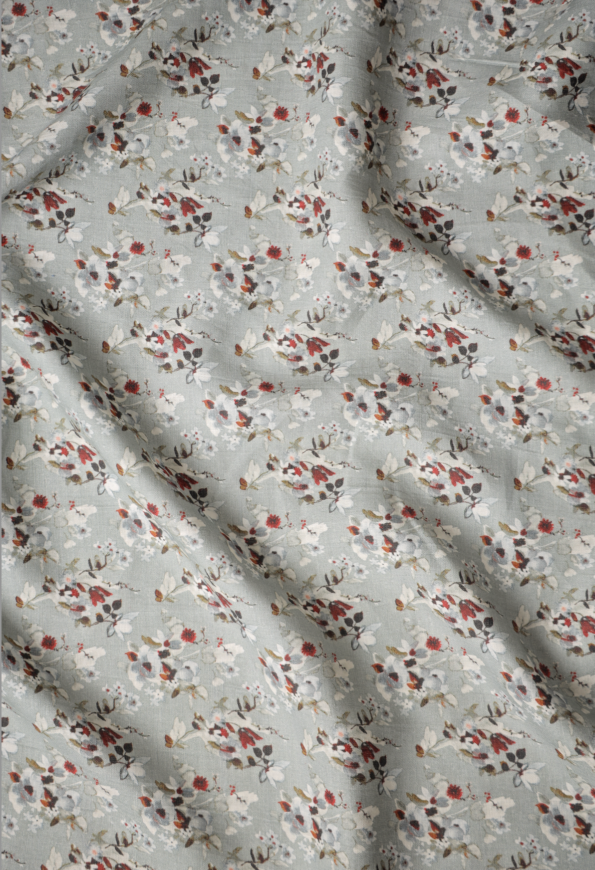 Light grey linen fabric featuring delicate floral prints in muted earthy tones, offering a soft drape and contemporary elegance for men’s fashion