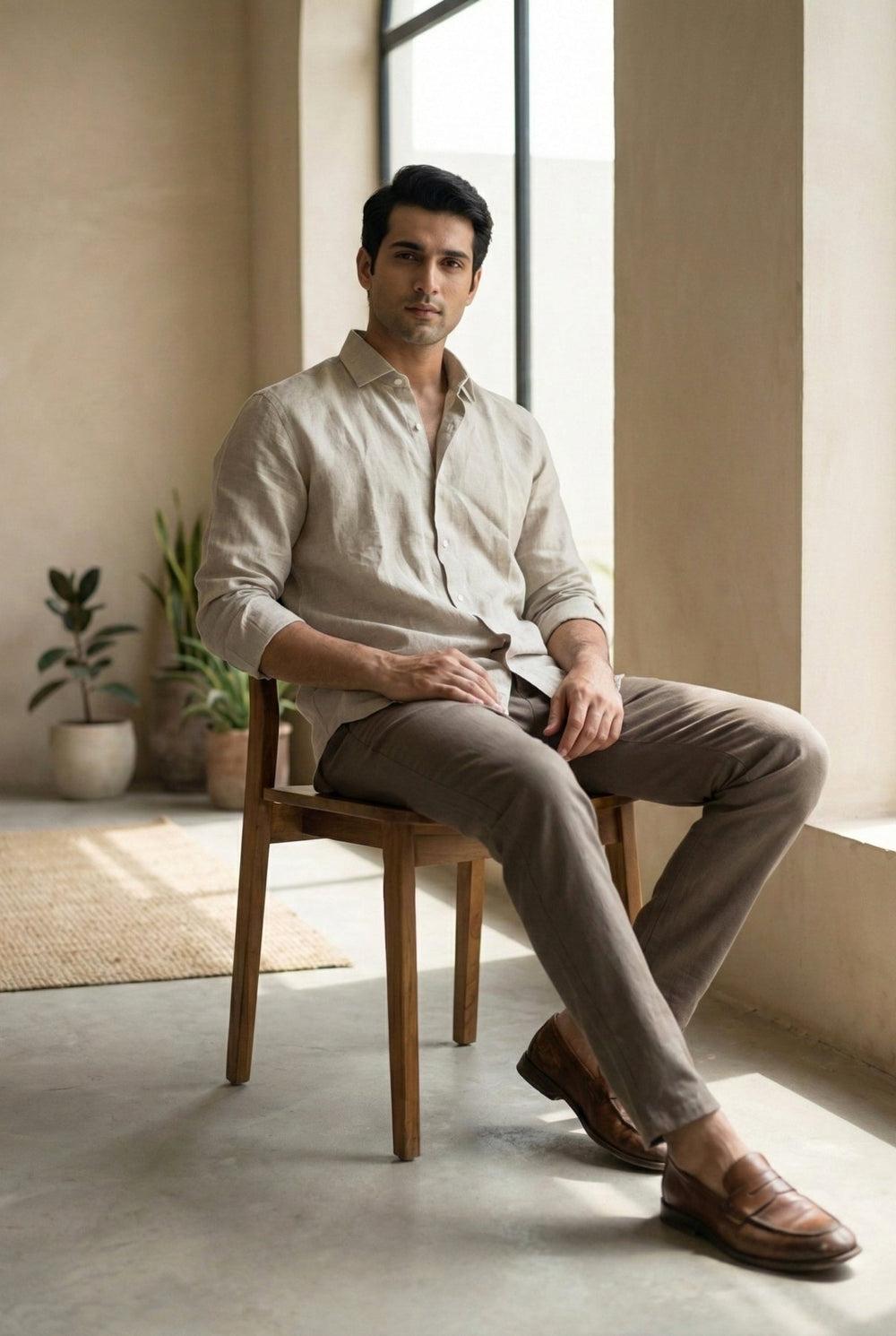 Man seated on a chair looking straight at the camera, wearing the Mitti beige pure linen shirt by Tyra