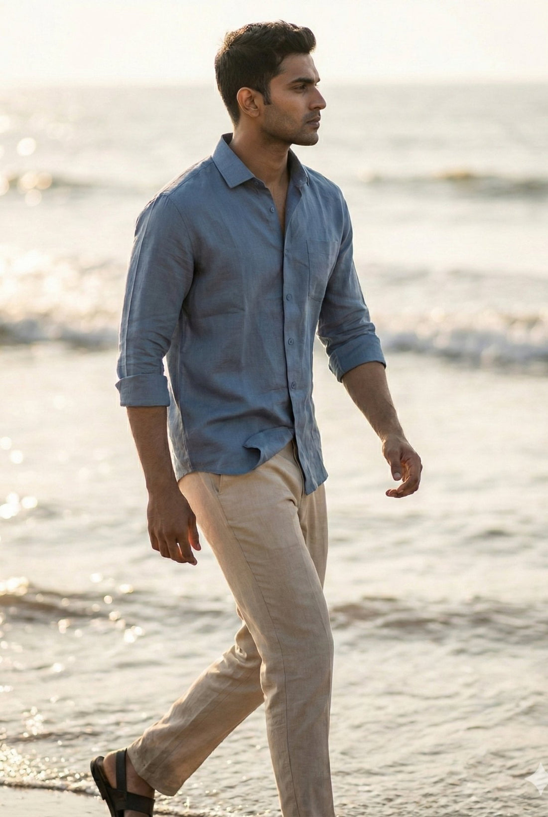 Man walking on the beach wearing the Neel navy blue pure linen shirt by Tyra