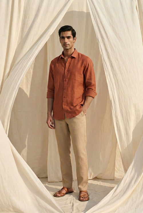 Sienna terracotta 100% pure European linen shirt for men — 125 GSM by Tyra Linen India